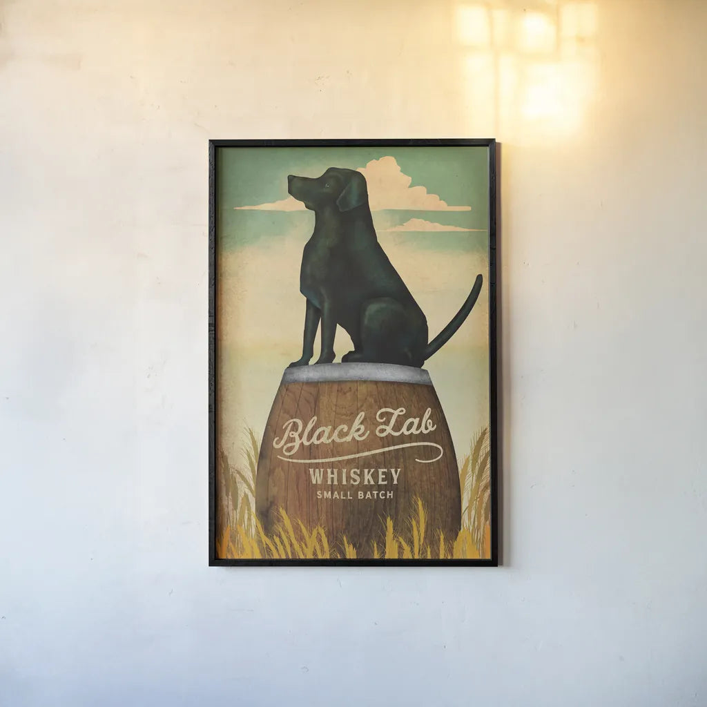 Black Lab Whiskey by Ryan Fowler. shown as a paper print in a black flame. Available as a archival giclee rolled canvas, fine art paper, or poster print. SKU 34883h.