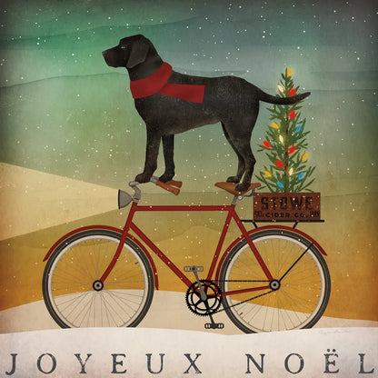 Black Lab on Bike Christmas by Ryan Fowler. SKU 31272a. Archival Giclee Fine art print for wall decor.