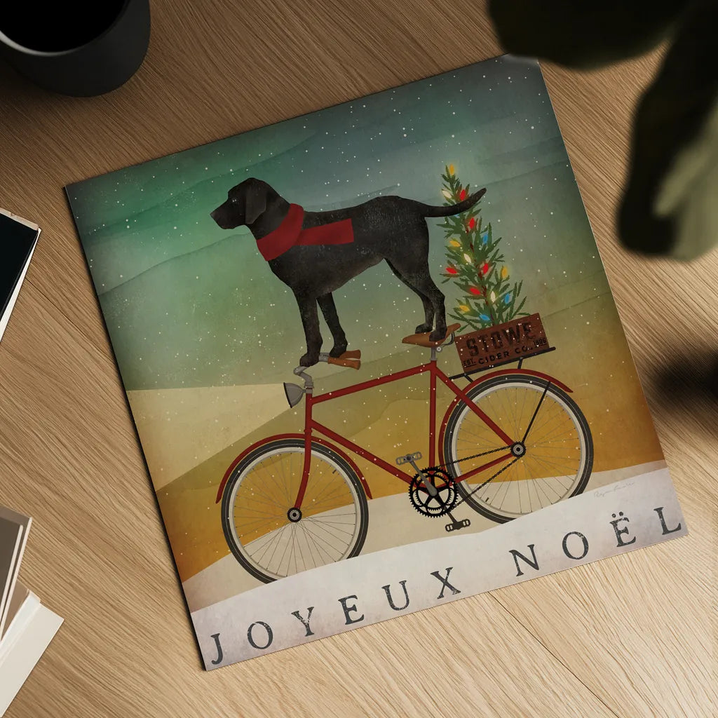 Black Lab on Bike Christmas by Ryan Fowler. Shown as a detailed flat fine art print, highlighting archival giclee quality. Available as an archival giclee rolled canvas, fine art paper, or poster print. SKU 31272a.