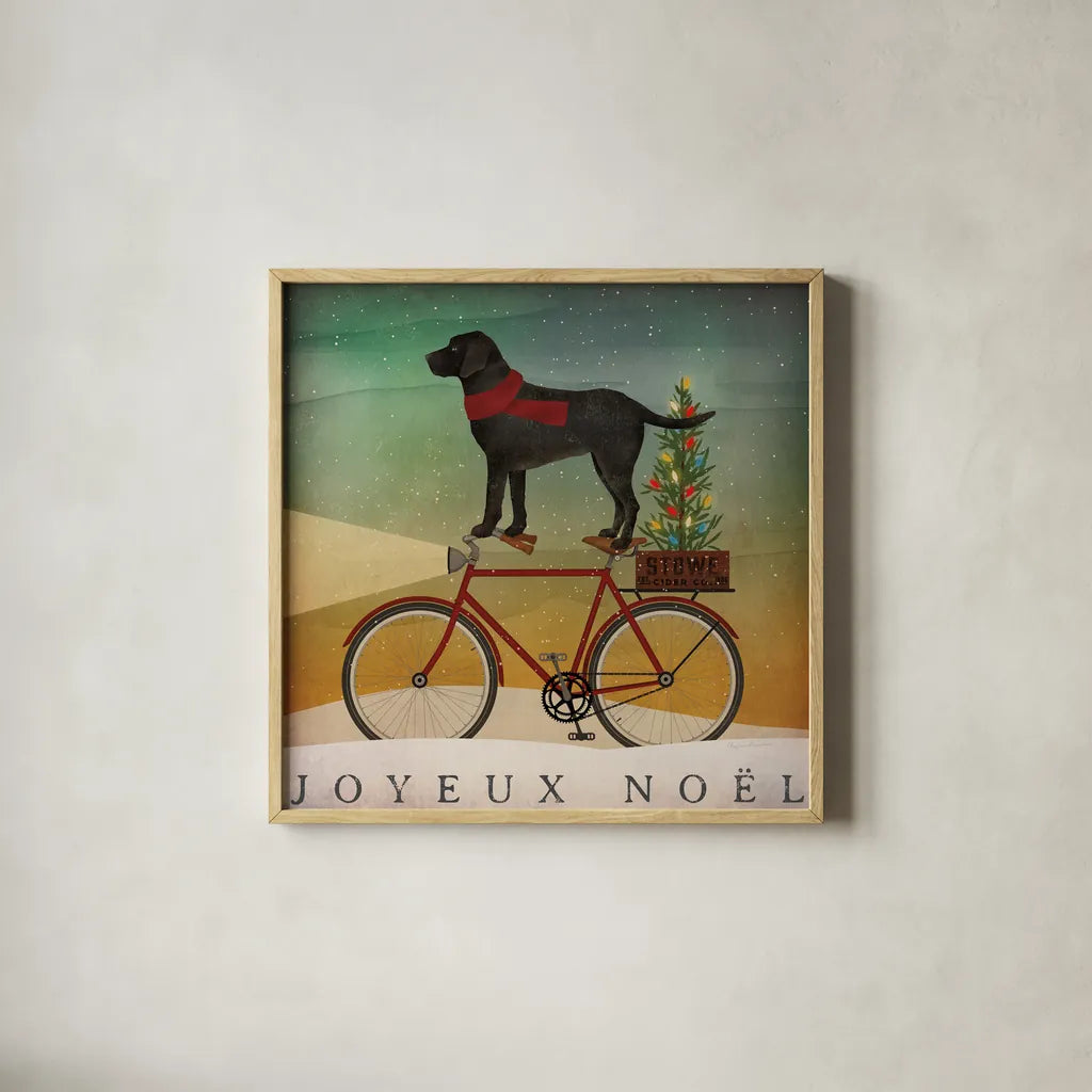 Black Lab on Bike Christmas by Ryan Fowler. Shown in a natural wood glass frame for a timeless modern aesthetic. Available as an archival giclee rolled canvas, fine art paper, or poster print. SKU 31272a.