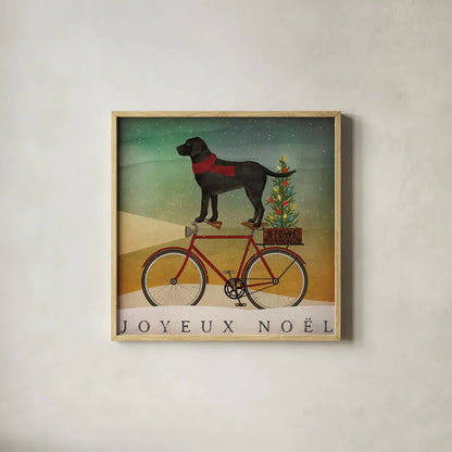Black Lab on Bike Christmas by Ryan Fowler. Shown in a natural wood glass frame for a timeless modern aesthetic. Available as an archival giclee rolled canvas, fine art paper, or poster print. SKU 31272a.