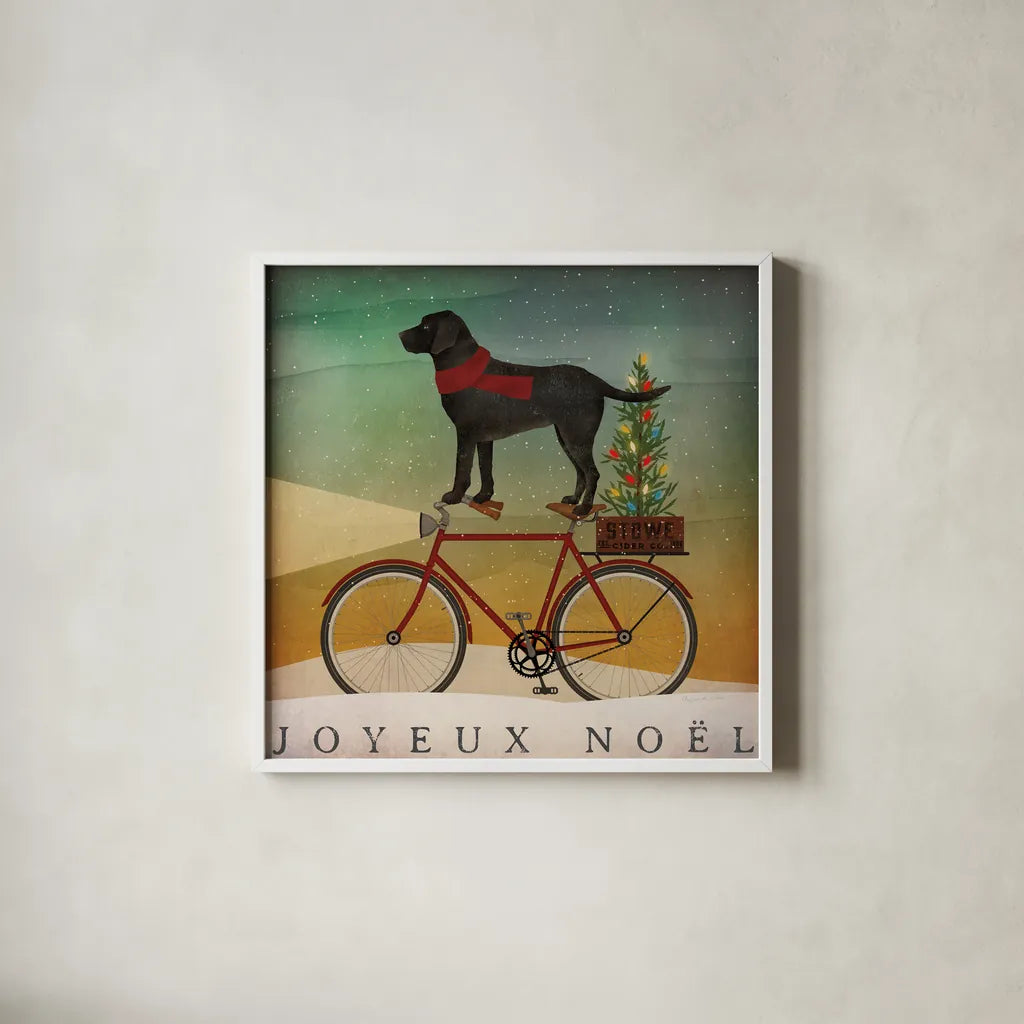 Black Lab on Bike Christmas by Ryan Fowler. Shown in a crisp white glass frame for a clean and minimalist style. Available as an archival giclee rolled canvas, fine art paper, or poster print. SKU 31272a.