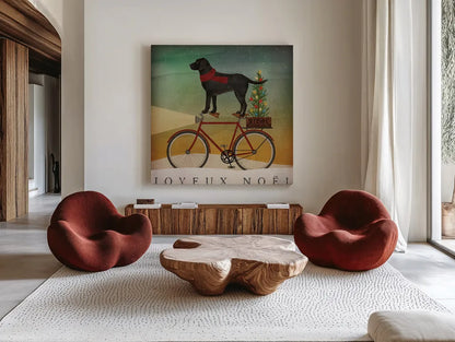 Black Lab on Bike Christmas by Ryan Fowler. Shown as extra-large giant wall art in a modern living room. Available as an archival giclee rolled canvas, fine art paper, or poster print. SKU 31272a.