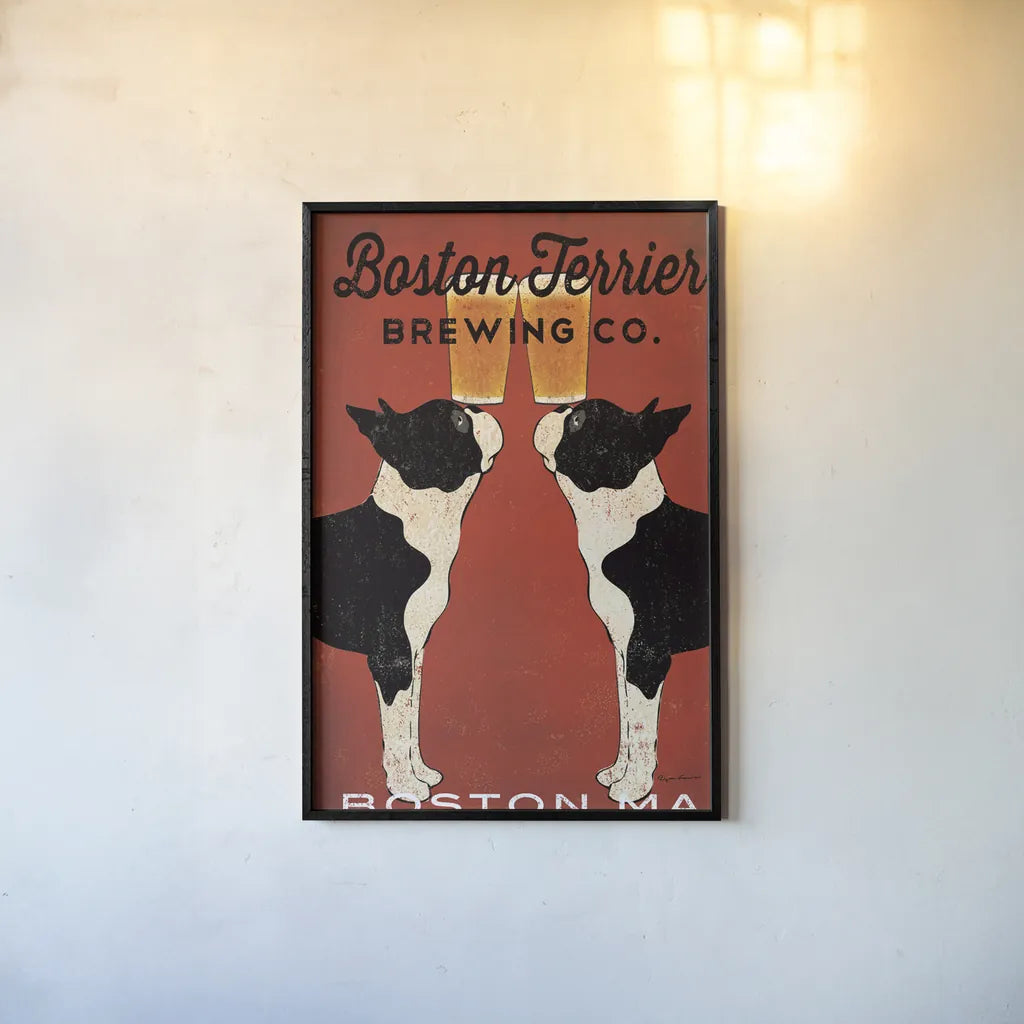 Boston Terrier Brewing Co Boston by Ryan Fowler. shown as a paper print in a black flame. Available as a archival giclee rolled canvas, fine art paper, or poster print. SKU 25623h.