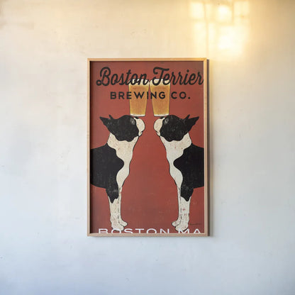 Boston Terrier Brewing Co Boston by Ryan Fowler. shown as a paper print in a natural frame. Available as a archival giclee rolled canvas, fine art paper, or poster print. SKU 25623h.