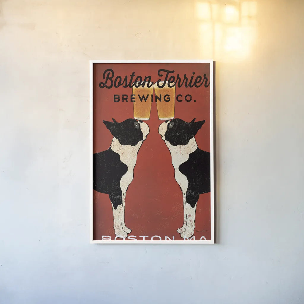 Boston Terrier Brewing Co Boston by Ryan Fowler. shown as a paper print in a white frame. Available as a archival giclee rolled canvas, fine art paper, or poster print. SKU 25623h.