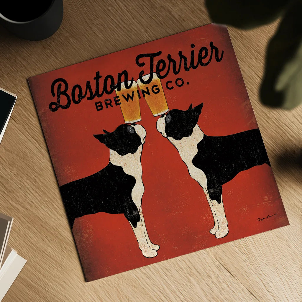 Boston Terrier Brewing Co Square by Ryan Fowler. Shown as a detailed flat fine art print, highlighting archival giclee quality. Available as an archival giclee rolled canvas, fine art paper, or poster print. SKU 12688a.