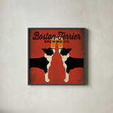 Boston Terrier Brewing Co Square by Ryan Fowler. Shown in a sleek black glass frame for a contemporary gallery look. Available as an archival giclee rolled canvas, fine art paper, or poster print. SKU 12688a.