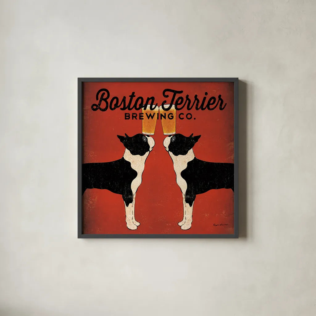 Boston Terrier Brewing Co Square by Ryan Fowler. Shown in a sleek black glass frame for a contemporary gallery look. Available as an archival giclee rolled canvas, fine art paper, or poster print. SKU 12688a.