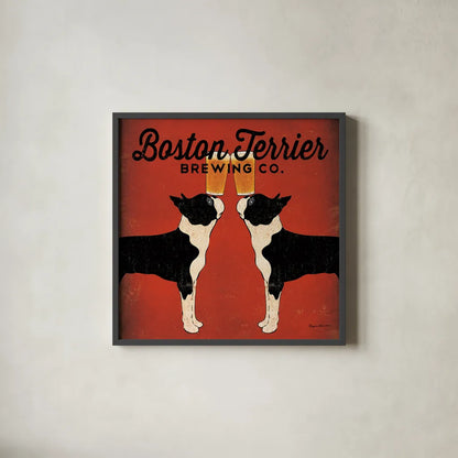 Boston Terrier Brewing Co Square by Ryan Fowler. Shown in a sleek black glass frame for a contemporary gallery look. Available as an archival giclee rolled canvas, fine art paper, or poster print. SKU 12688a.