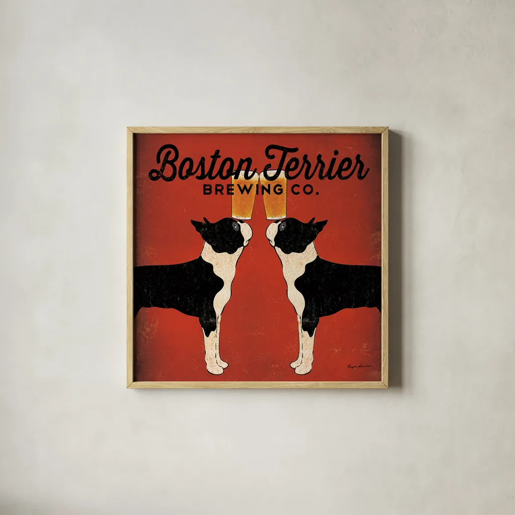 Boston Terrier Brewing Co Square by Ryan Fowler. Shown in a natural wood glass frame for a timeless modern aesthetic. Available as an archival giclee rolled canvas, fine art paper, or poster print. SKU 12688a.