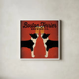 Boston Terrier Brewing Co Square by Ryan Fowler. Shown in a crisp white glass frame for a clean and minimalist style. Available as an archival giclee rolled canvas, fine art paper, or poster print. SKU 12688a.