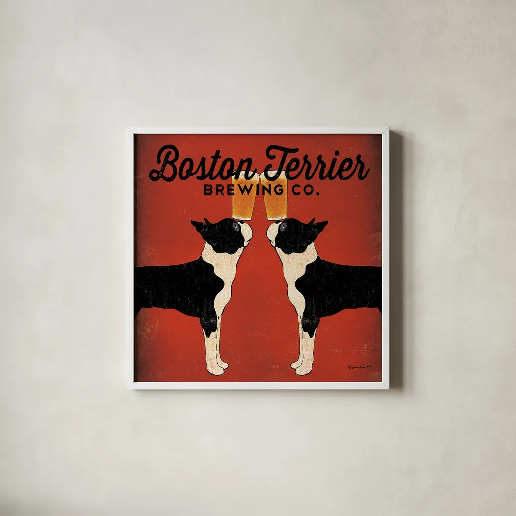 Boston Terrier Brewing Co Square by Ryan Fowler. Shown in a crisp white glass frame for a clean and minimalist style. Available as an archival giclee rolled canvas, fine art paper, or poster print. SKU 12688a.