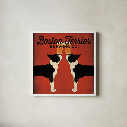 Boston Terrier Brewing Co Square by Ryan Fowler. Shown in a crisp white glass frame for a clean and minimalist style. Available as an archival giclee rolled canvas, fine art paper, or poster print. SKU 12688a.