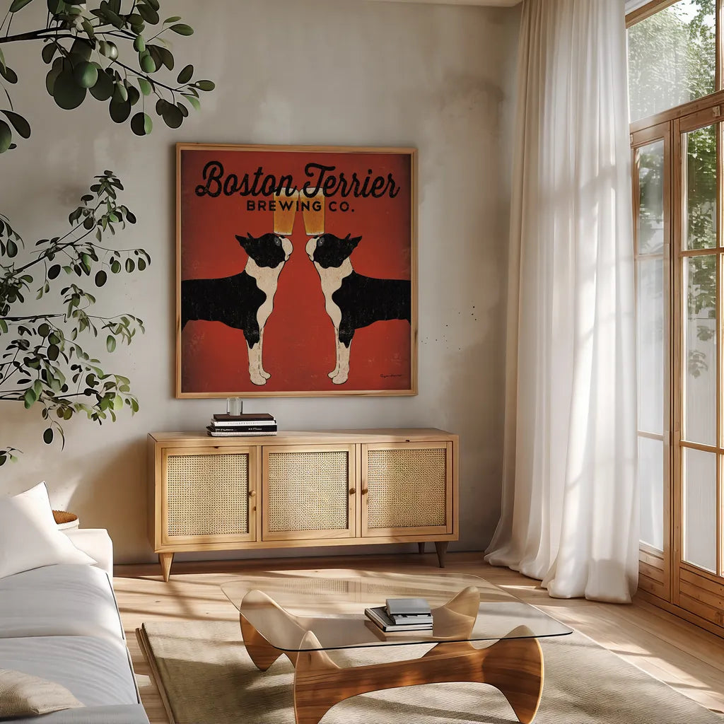 Boston Terrier Brewing Co Square by Ryan Fowler. Shown in a natural wood frame in a cozy modern living room. Available as an archival giclee rolled canvas, fine art paper, or poster print. SKU 12688a.