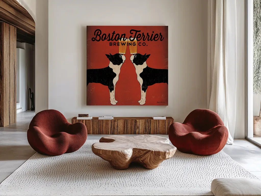Boston Terrier Brewing Co Square by Ryan Fowler. Shown as extra-large giant wall art in a modern living room. Available as an archival giclee rolled canvas, fine art paper, or poster print. SKU 12688a.