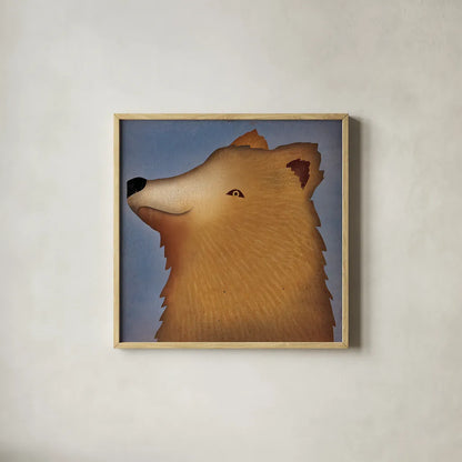 Brown Bear Wow by Ryan Fowler. Shown in a natural wood glass frame for a timeless modern aesthetic. Available as an archival giclee rolled canvas, fine art paper, or poster print. SKU 12198a.