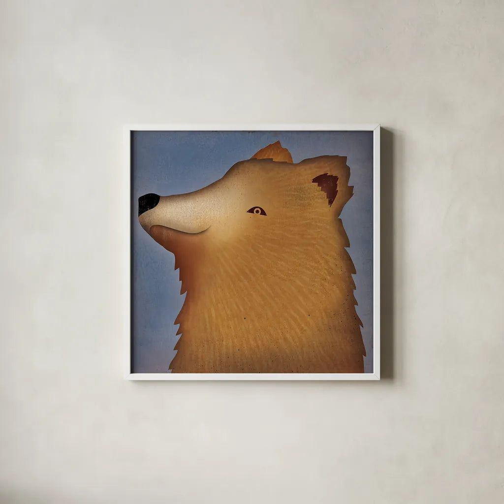 Brown Bear Wow by Ryan Fowler. Shown in a crisp white glass frame for a clean and minimalist style. Available as an archival giclee rolled canvas, fine art paper, or poster print. SKU 12198a.