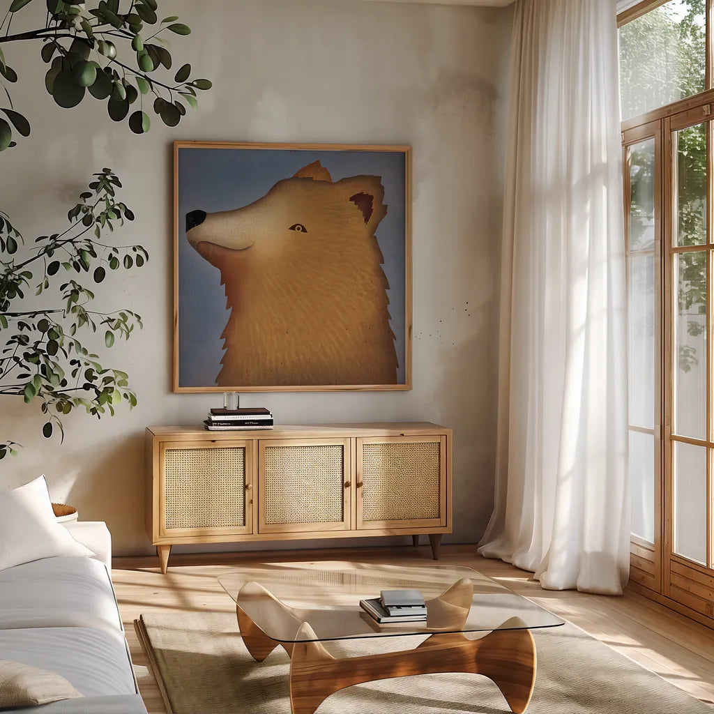Brown Bear Wow by Ryan Fowler. Shown in a natural wood frame in a cozy modern living room. Available as an archival giclee rolled canvas, fine art paper, or poster print. SKU 12198a.