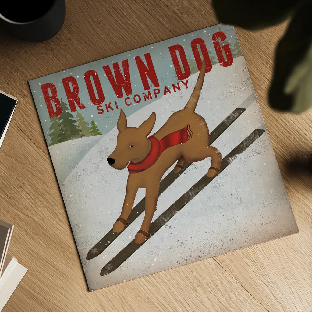 Brown Dog Ski Co by Ryan Fowler. Shown as a detailed flat fine art print, highlighting archival giclee quality. Available as an archival giclee rolled canvas, fine art paper, or poster print. SKU 17199a.