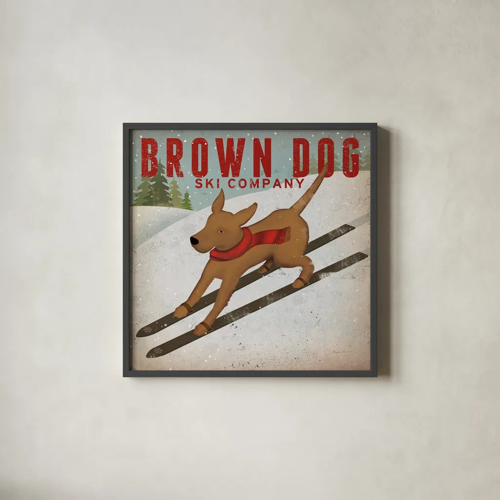 Brown Dog Ski Co by Ryan Fowler. Shown in a sleek black glass frame for a contemporary gallery look. Available as an archival giclee rolled canvas, fine art paper, or poster print. SKU 17199a.
