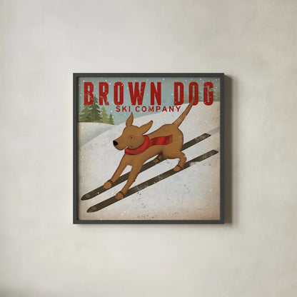 Brown Dog Ski Co by Ryan Fowler. Shown in a sleek black glass frame for a contemporary gallery look. Available as an archival giclee rolled canvas, fine art paper, or poster print. SKU 17199a.