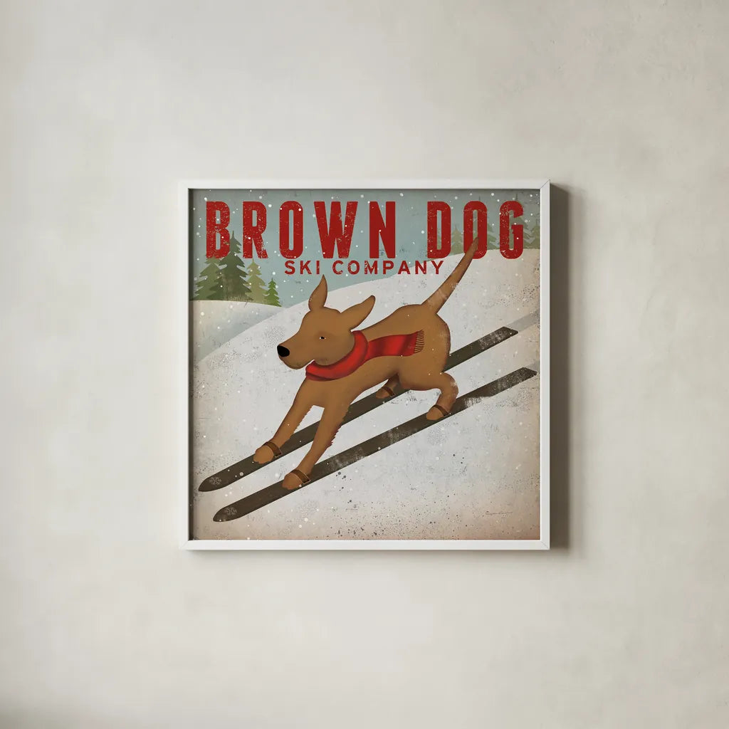 Brown Dog Ski Co by Ryan Fowler. Shown in a crisp white glass frame for a clean and minimalist style. Available as an archival giclee rolled canvas, fine art paper, or poster print. SKU 17199a.