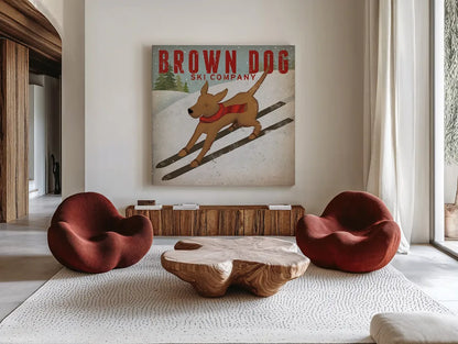 Brown Dog Ski Co by Ryan Fowler. Shown as extra-large giant wall art in a modern living room. Available as an archival giclee rolled canvas, fine art paper, or poster print. SKU 17199a.