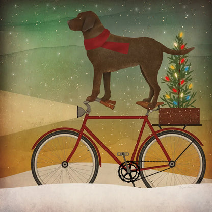 Brown Lab on Bike Christmas by Ryan Fowler. SKU 31273a. Archival Giclee Fine art print for wall decor.