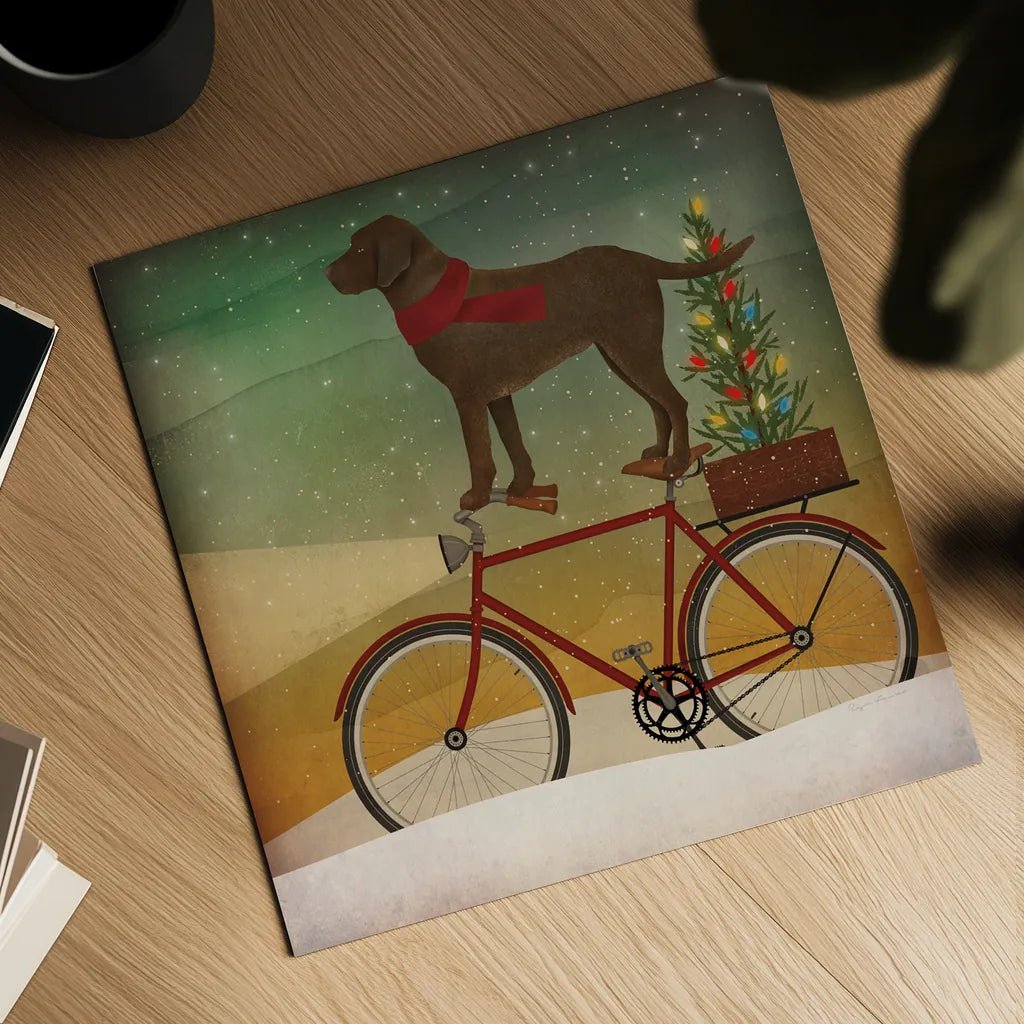 Brown Lab on Bike Christmas by Ryan Fowler. Shown as a detailed flat fine art print, highlighting archival giclee quality. Available as an archival giclee rolled canvas, fine art paper, or poster print. SKU 31273a.