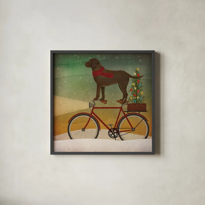 Brown Lab on Bike Christmas by Ryan Fowler. Shown in a sleek black glass frame for a contemporary gallery look. Available as an archival giclee rolled canvas, fine art paper, or poster print. SKU 31273a.
