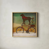 Brown Lab on Bike Christmas by Ryan Fowler. Shown in a natural wood glass frame for a timeless modern aesthetic. Available as an archival giclee rolled canvas, fine art paper, or poster print. SKU 31273a.