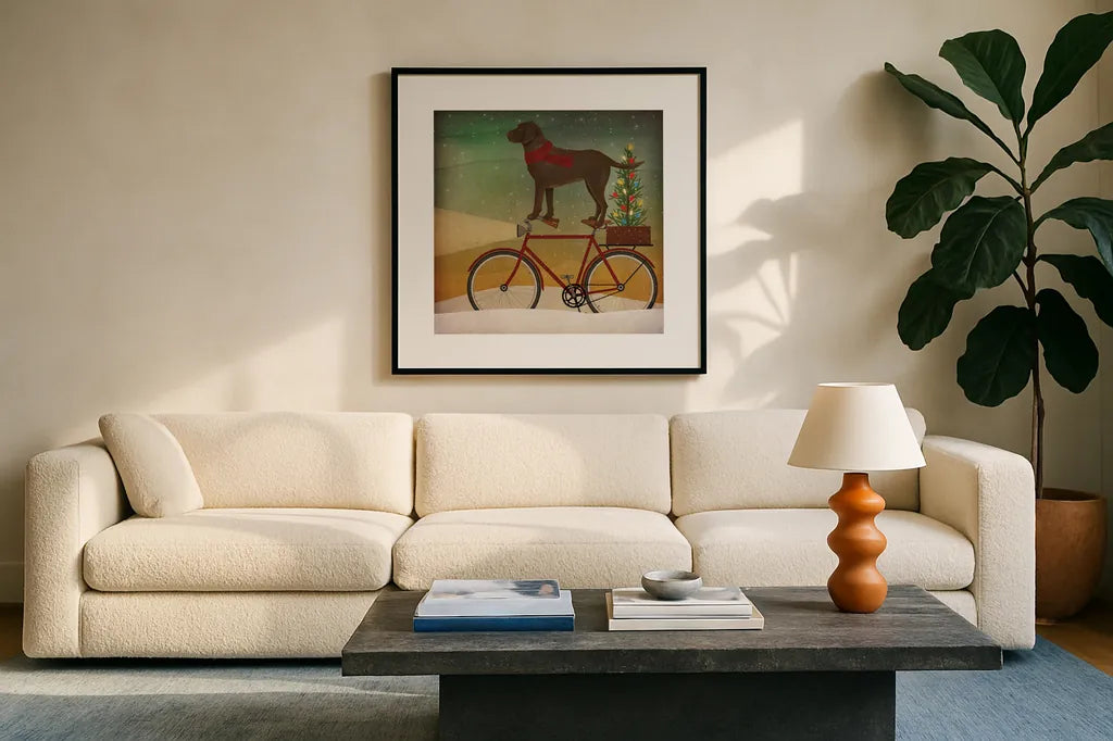Brown Lab on Bike Christmas by Ryan Fowler. Displayed in a glass frame with matte in a clean modern living room. Available as an archival giclee rolled canvas, fine art paper, or poster print. SKU 31273a.