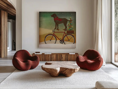 Brown Lab on Bike Christmas by Ryan Fowler. Shown as extra-large giant wall art in a modern living room. Available as an archival giclee rolled canvas, fine art paper, or poster print. SKU 31273a.