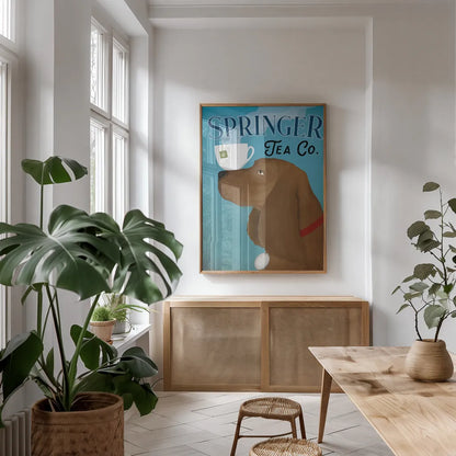 Brown Springer Tea Co by Ryan Fowler. shown as a print in a natural wood frame in a dining room. Available as a archival giclee rolled canvas, fine art paper, or poster print. SKU 79514h.