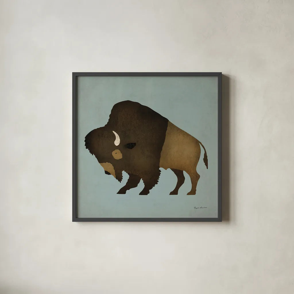 Buffalo Bison I by Ryan Fowler. Shown in a sleek black glass frame for a contemporary gallery look. Available as an archival giclee rolled canvas, fine art paper, or poster print. SKU 18861a.