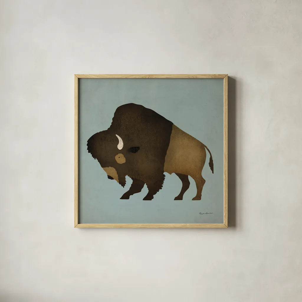 Buffalo Bison I by Ryan Fowler. Shown in a natural wood glass frame for a timeless modern aesthetic. Available as an archival giclee rolled canvas, fine art paper, or poster print. SKU 18861a.