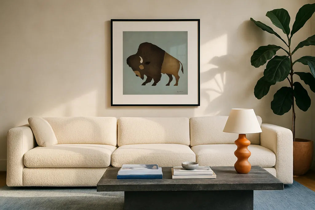 Buffalo Bison I by Ryan Fowler. Displayed in a glass frame with matte in a clean modern living room. Available as an archival giclee rolled canvas, fine art paper, or poster print. SKU 18861a.