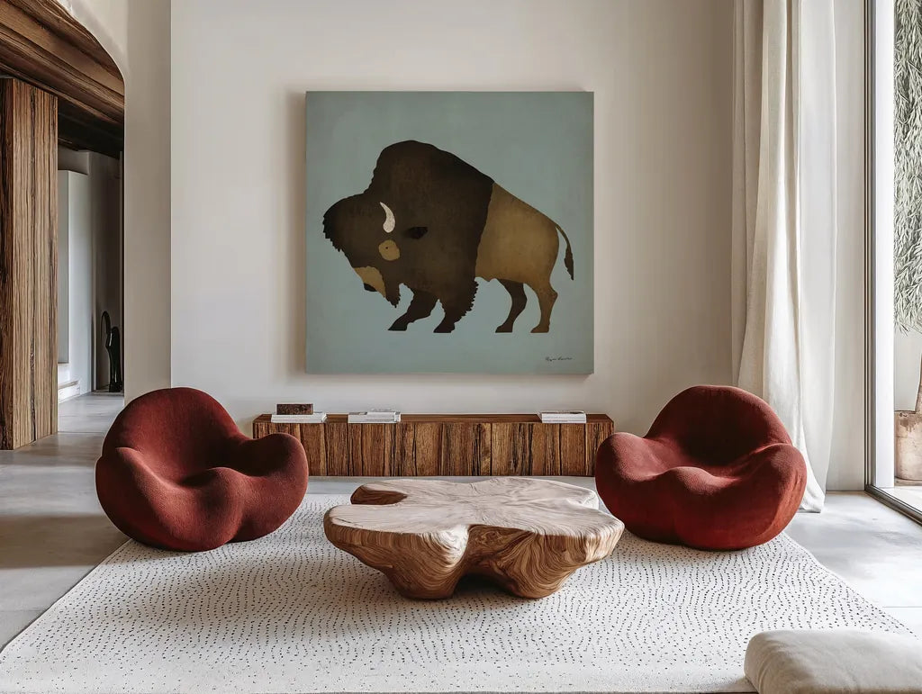 Buffalo Bison I by Ryan Fowler. Shown as extra-large giant wall art in a modern living room. Available as an archival giclee rolled canvas, fine art paper, or poster print. SKU 18861a.