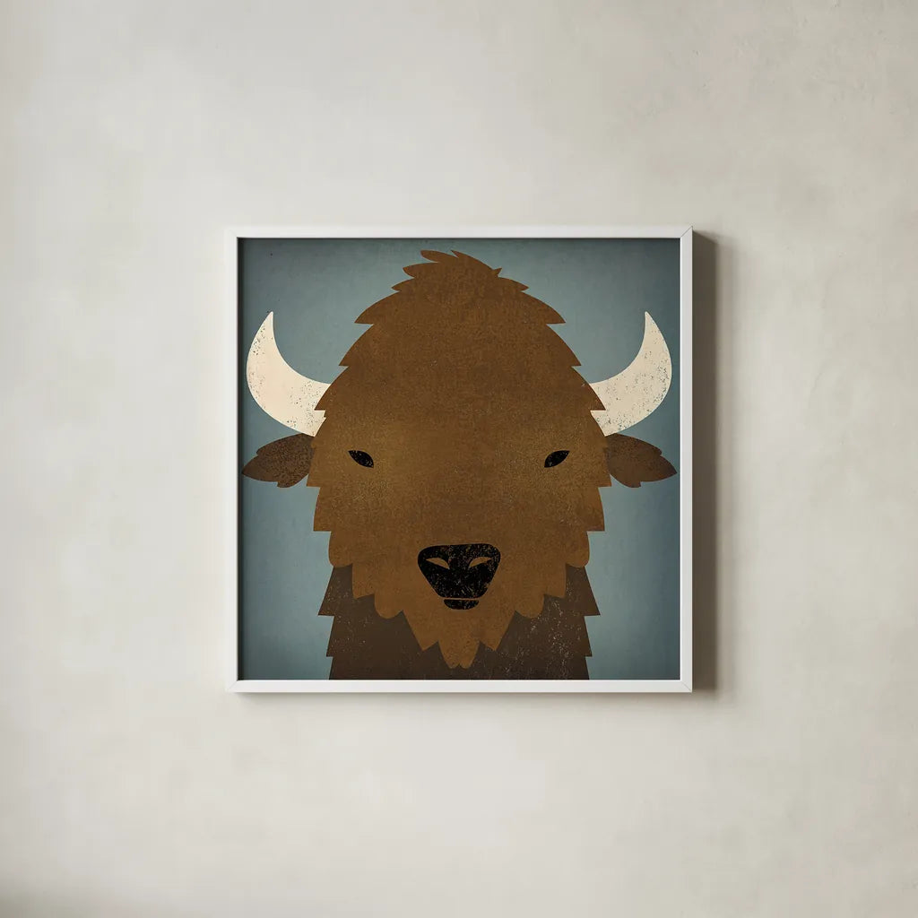 Buffalo II by Ryan Fowler. Shown in a crisp white glass frame for a clean and minimalist style. Available as an archival giclee rolled canvas, fine art paper, or poster print. SKU 20811a.