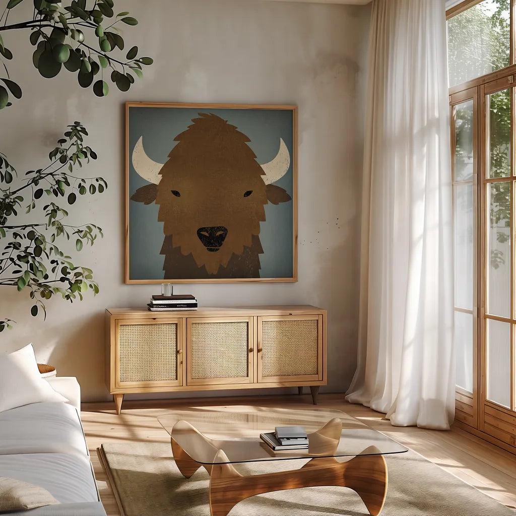Buffalo II by Ryan Fowler. Shown in a natural wood frame in a cozy modern living room. Available as an archival giclee rolled canvas, fine art paper, or poster print. SKU 20811a.