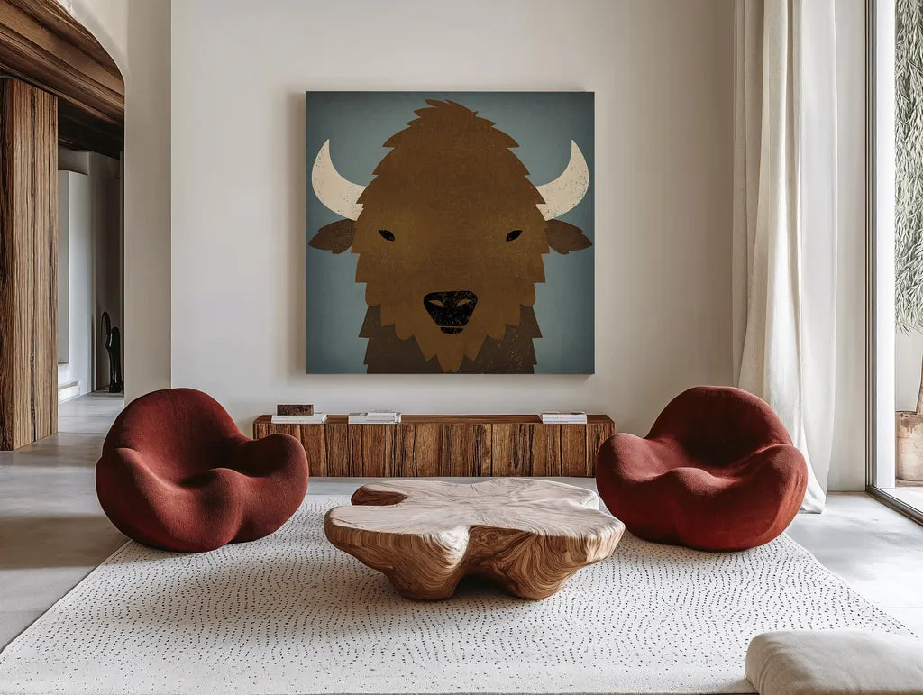 Buffalo II by Ryan Fowler. Shown as extra-large giant wall art in a modern living room. Available as an archival giclee rolled canvas, fine art paper, or poster print. SKU 20811a.