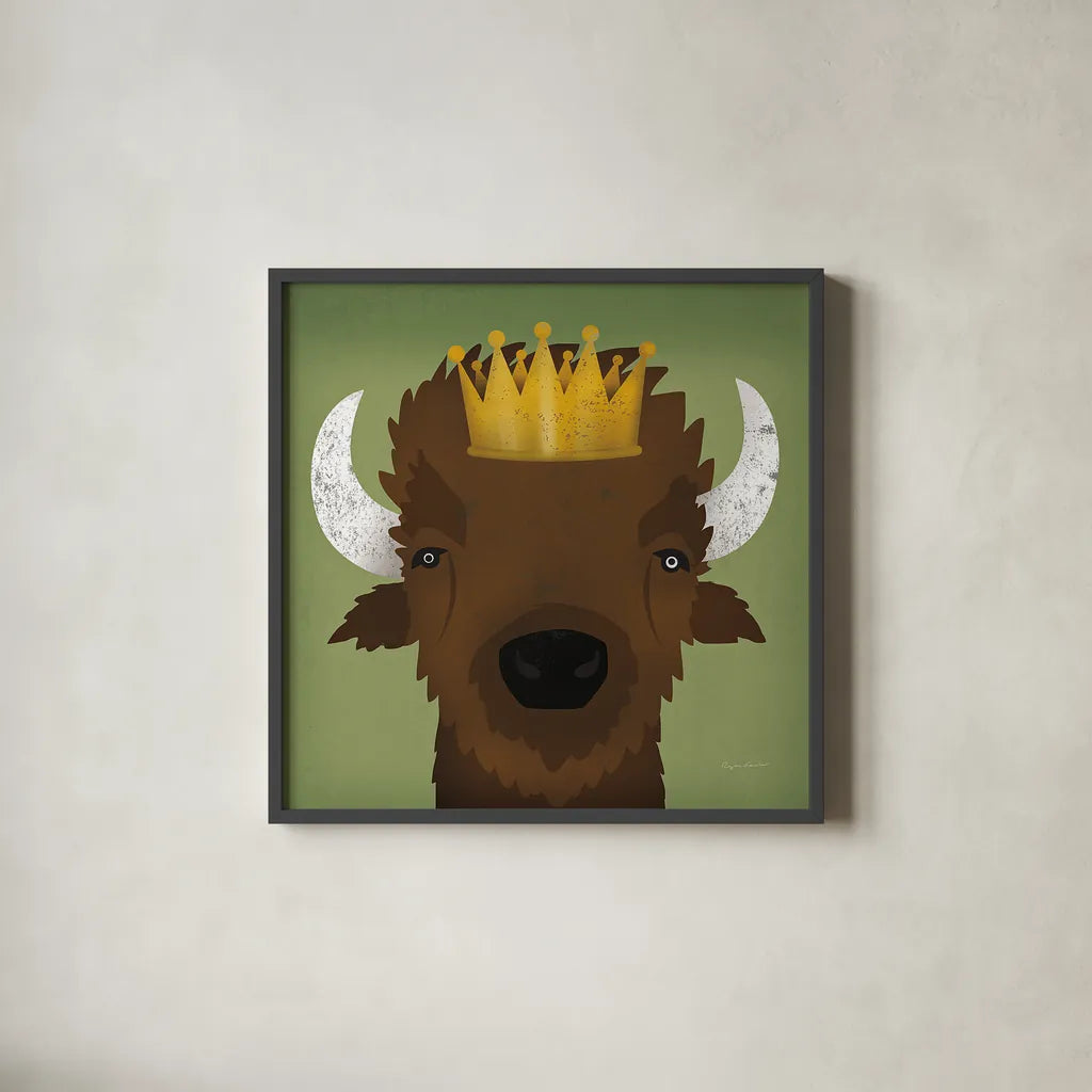 Buffalo III with Crown by Ryan Fowler. Shown in a sleek black glass frame for a contemporary gallery look. Available as an archival giclee rolled canvas, fine art paper, or poster print. SKU 35510a.