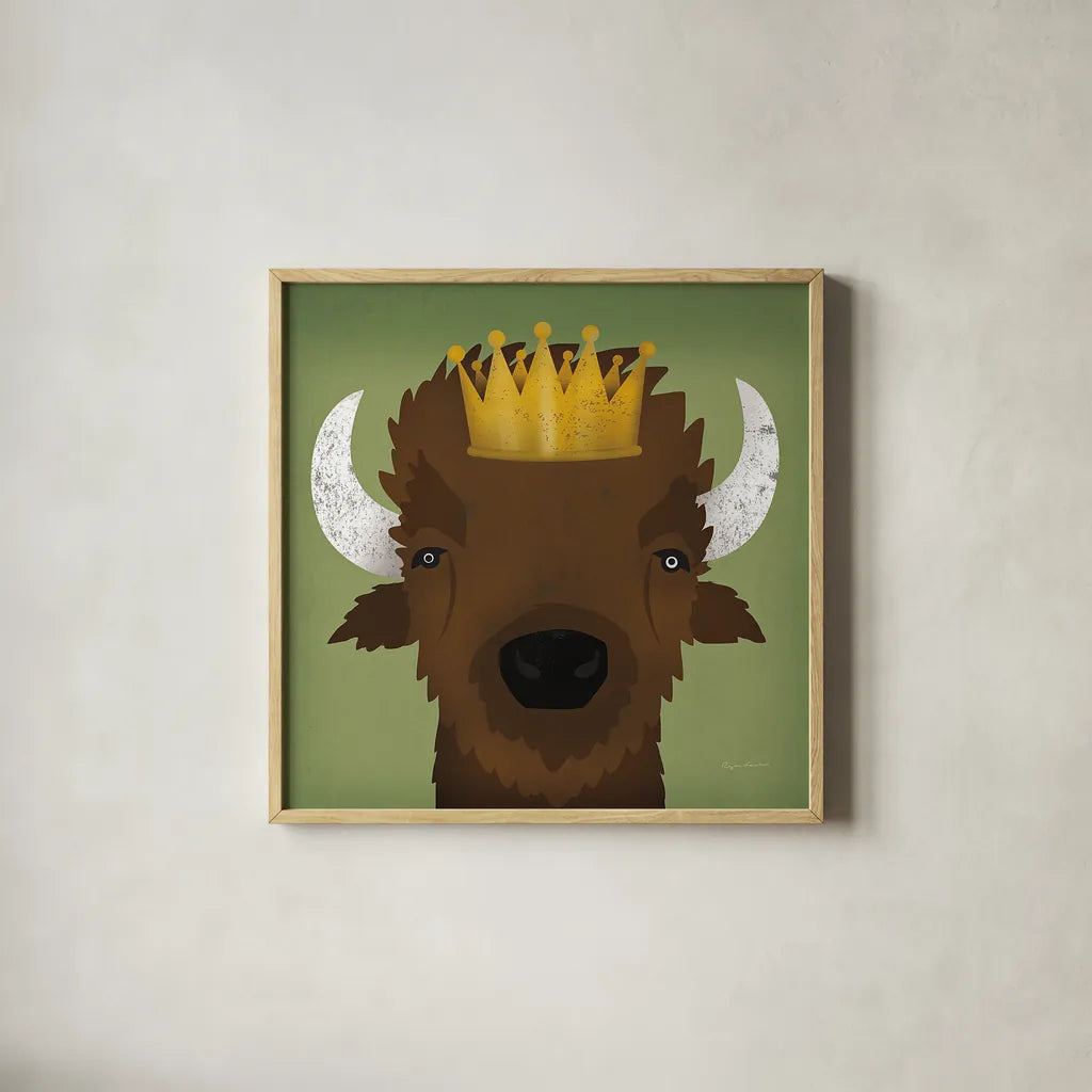 Buffalo III with Crown by Ryan Fowler. Shown in a natural wood glass frame for a timeless modern aesthetic. Available as an archival giclee rolled canvas, fine art paper, or poster print. SKU 35510a.