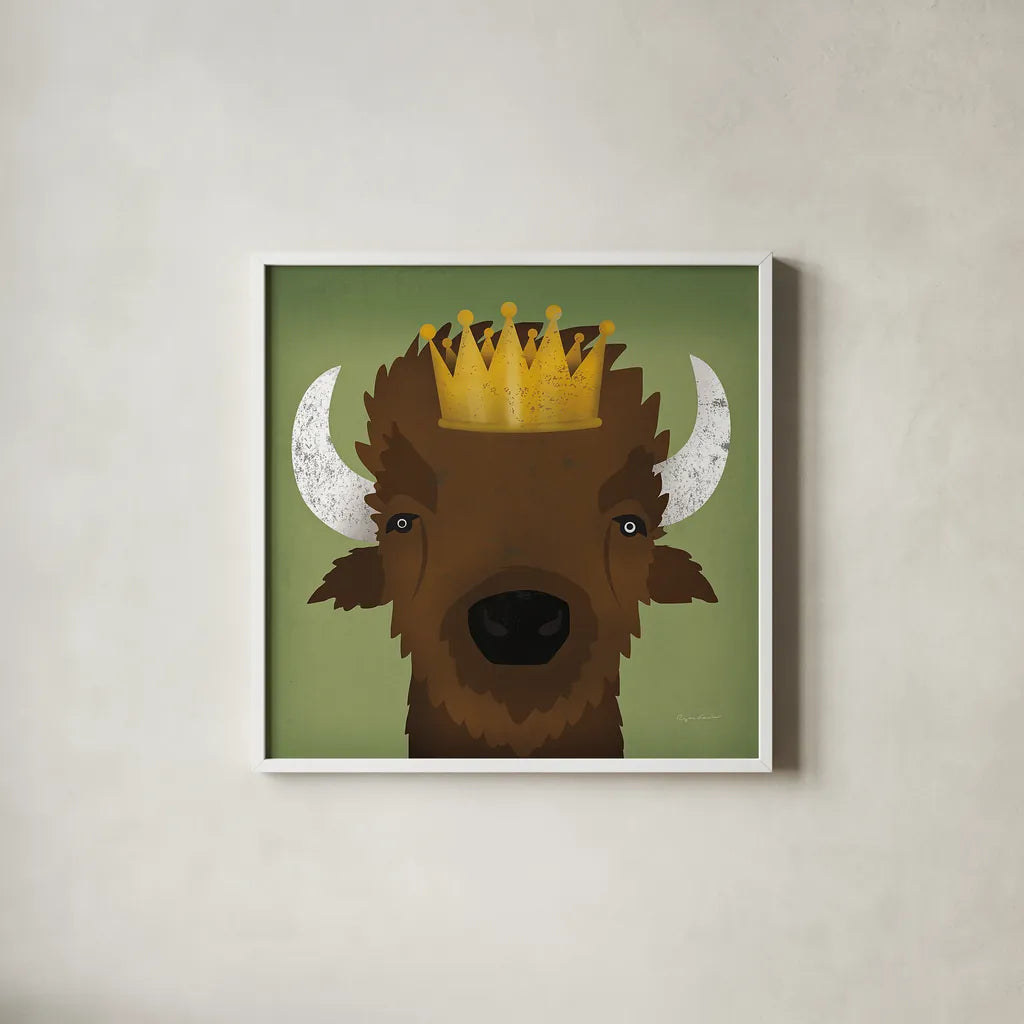 Buffalo III with Crown by Ryan Fowler. Shown in a crisp white glass frame for a clean and minimalist style. Available as an archival giclee rolled canvas, fine art paper, or poster print. SKU 35510a.