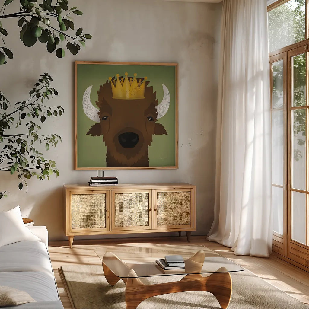 Buffalo III with Crown by Ryan Fowler. Shown in a natural wood frame in a cozy modern living room. Available as an archival giclee rolled canvas, fine art paper, or poster print. SKU 35510a.