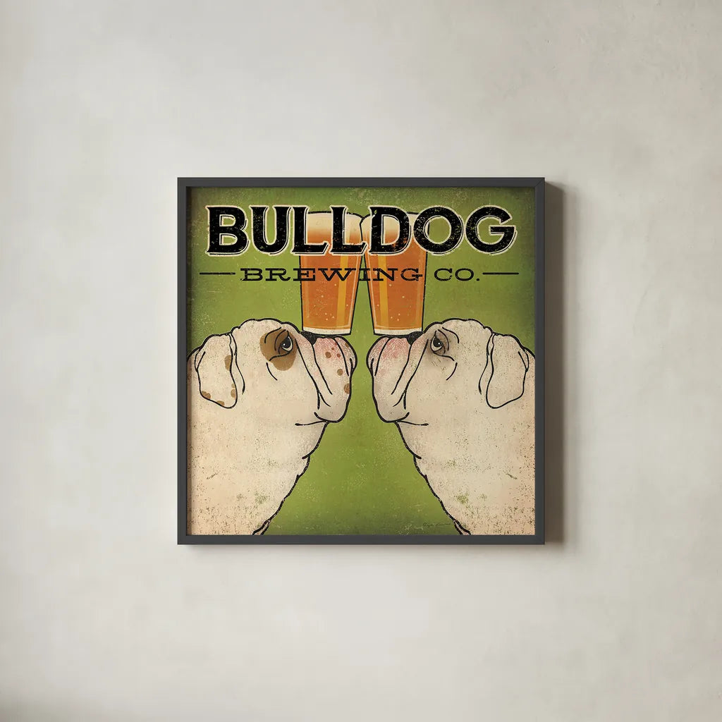 Bulldog Brewing by Ryan Fowler. Shown in a sleek black glass frame for a contemporary gallery look. Available as an archival giclee rolled canvas, fine art paper, or poster print. SKU 16311a.