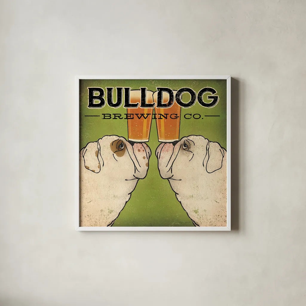 Bulldog Brewing by Ryan Fowler. Shown in a crisp white glass frame for a clean and minimalist style. Available as an archival giclee rolled canvas, fine art paper, or poster print. SKU 16311a.