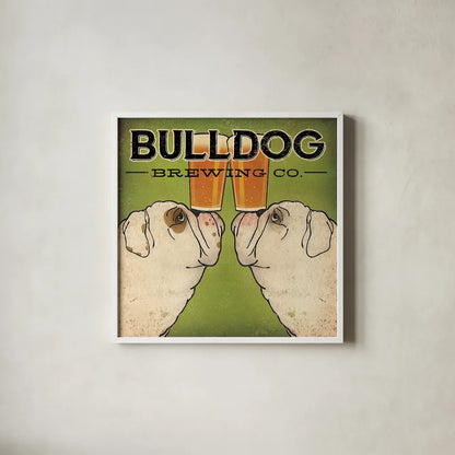 Bulldog Brewing by Ryan Fowler. Shown in a crisp white glass frame for a clean and minimalist style. Available as an archival giclee rolled canvas, fine art paper, or poster print. SKU 16311a.