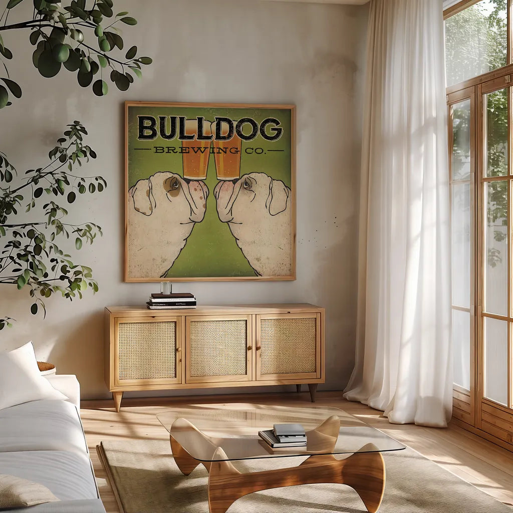 Bulldog Brewing by Ryan Fowler. Shown in a natural wood frame in a cozy modern living room. Available as an archival giclee rolled canvas, fine art paper, or poster print. SKU 16311a.